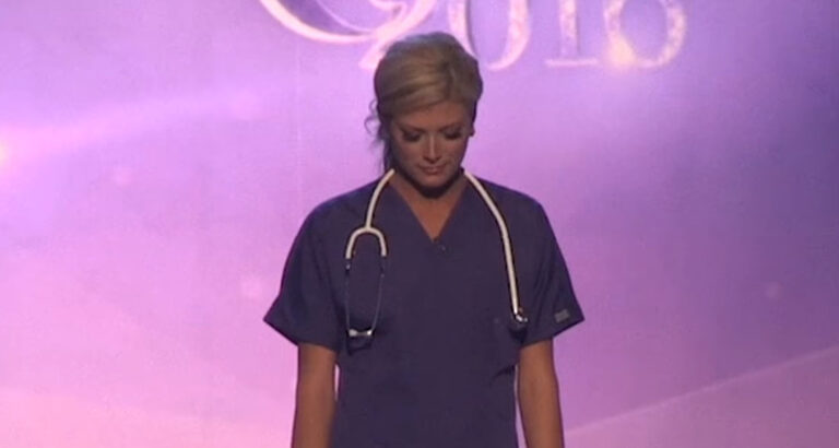 Miss America contestant, clad in nursing scrubs, steps onto the stage. However, when she raised her gaze, everyone’s heart ceased to beat!