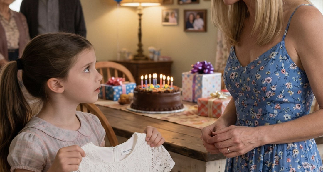 On my daughter’s eighth birthday, my parents gave a pink dress to her. She looked happy—until she suddenly went still. “Mom… what’s this?” I leaned in, and my hands began to tremble. There was something inside the lining—something placed t
